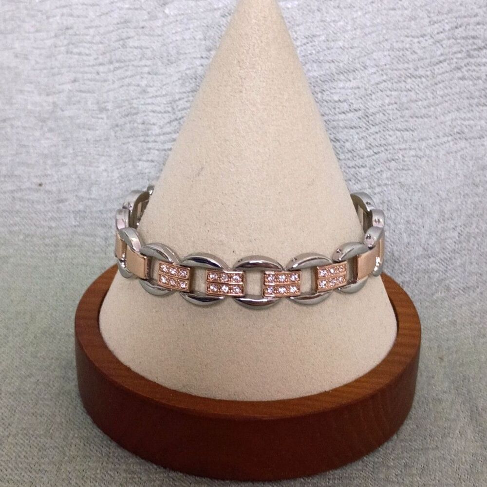 Stainless Steel and Rose Gold Tone Mariner Link Rhinestones Retro Funky Bracelet